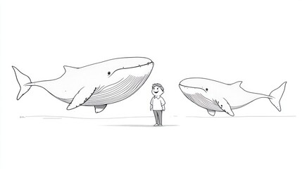 Two large whales loom over a small person.  A whimsical illustration depicts the vastness of marine life