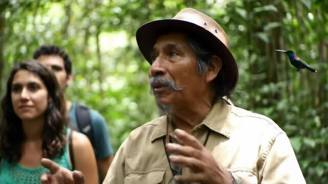 Elderly Guide Explains Nature to Tourists Hummingbird in Jungle Setting