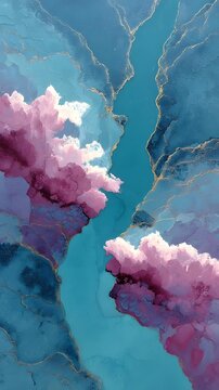 Abstract Sky: An ethereal abstract painting with vivid swirls of vibrant pink, purple and blue clouds interwoven with golden lines evokes a sense of wonder, dreaminess, and artistic beauty. 