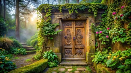 Fototapeta premium Enchanted Garden Gate A Mystical Wooden Doorway Hidden Amongst Lush Greenery, Bathed in Soft Morning Light, Leading to a Stone Staircase and a Path Winding Through a Misty Forest