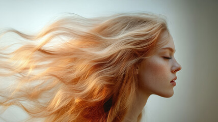Naklejka premium Long flowing hair dances in the wind as a young woman enjoys a serene moment outdoors during golden hour