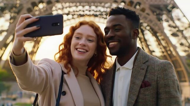 Joyful Diverse Couple Smartphone Selfie Eiffel Tower Paris Sunset