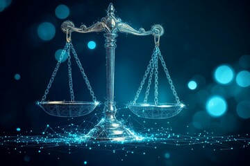 Abstract digital scales of justice on dark blue background with bokeh lights.