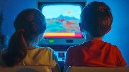 Kids playing video game on retro television childhood entertainment nostalgia gaming together leisure time joy