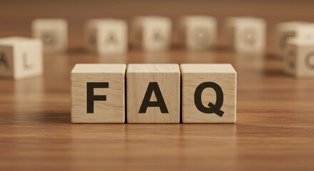 Wooden blocks spelling faq on a wood surface with blurred background.