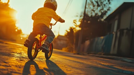 Child riding bike at sunset golden hour happy childhood memories outdoor activity learning to ride bicycle