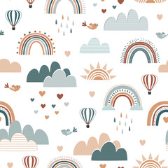 Cute Boho Rainbow seamless pattern with hearts, clouds, birds, and hot air balloons. Pastel colors and Scandianvian style background. Vector illustration. © Toltemara