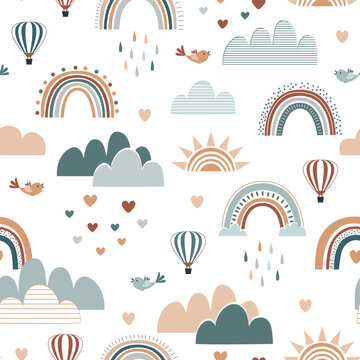 Fototapeta Cute Boho Rainbow seamless pattern with hearts, clouds, birds, and hot air balloons. Pastel colors and Scandianvian style background. Vector illustration.