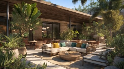 Tropical outdoor patio area with lush landscaping, comfortable seating, and a modern design