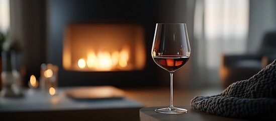 Red wine glass by fireplace in cozy living room.