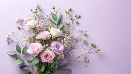 Pastel Floral Arrangement Delicate Roses, Lisianthus, and Baby's Breath on Lavender Background
