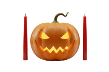 Halloween pumpkin and red candles, isolated background
