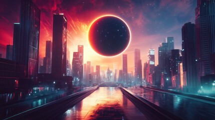 Obraz premium Futuristic city skyline, dramatic eclipse. Vast, modern cityscape bathed in vibrant, otherworldly colors beneath a large, ominous eclipse. Reflective waters, creating an ethereal mood