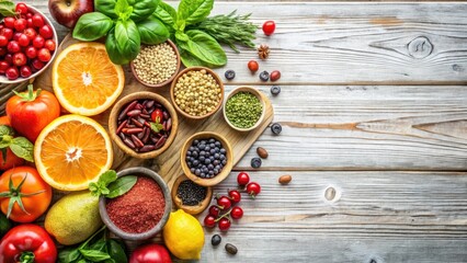 A vibrant collection of healthy ingredients arranged on a rustic wooden surface, showcasing an array of colorful fruits, vegetables, and grains, ideal for a nutritious and delicious meal preparation.
