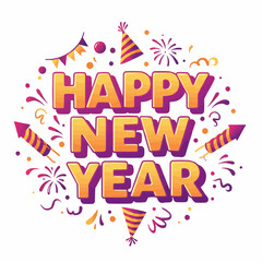 Happy New Year festive typography with confetti and fireworks