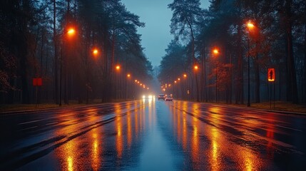 Rainy Night Drive Through a Misty Forest