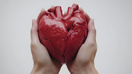 Anatomical model of a human heart held in hands for medical study and health education resources