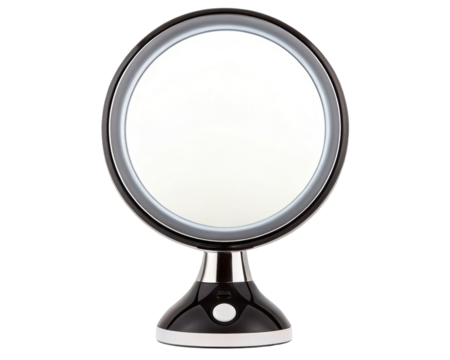 Modern illuminated round tabletop cosmetic vanity mirror on a transparent background