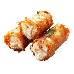 A close up shot of three golden brown spring rolls filled with white stuffing on a black background space