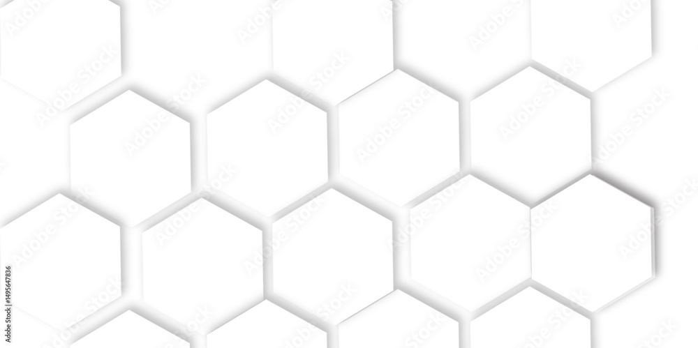Poster abstract clean white background featuring a pattern of white hexagons arranged like a honeycomb, pol