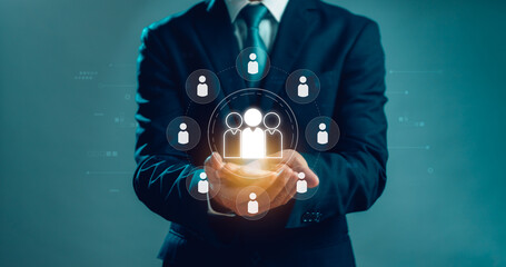 Customer Relationship Management,CRM, Customer Service, Digital Marketing Concept, Businessman Hand Showing Person Icon On Virtual Screen, Business Organization Online Marketing Network Strategy