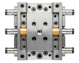 Precision-engineered complex metal industrial mold base on a transparent background