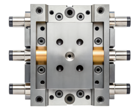 Precision-engineered complex metal industrial mold base on a transparent background