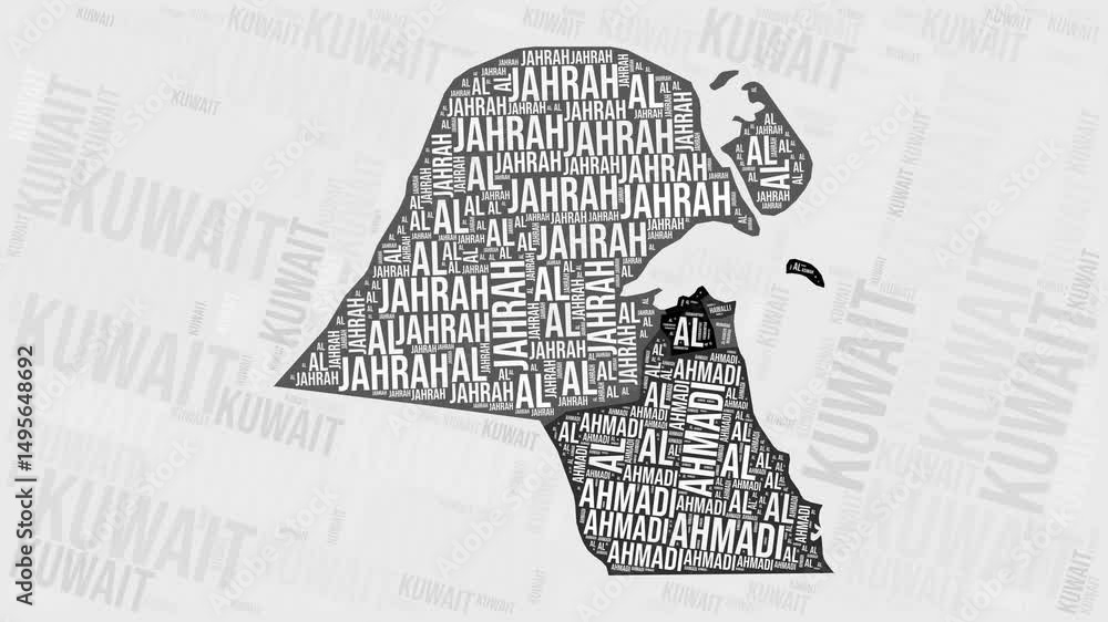 Poster kuwait animation. visual effect of kuwait regions appearing in black and white word clouds style. co