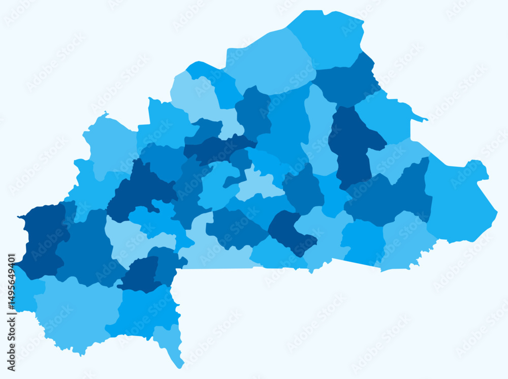 Poster map of burkina faso with regions. just a simple country border map with region division. light blue 