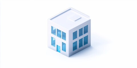 Isometric view of a small white building with blue windows.
