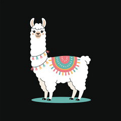 Cute Colorful Llama with Decorative Blanket on Black Background – Cartoon Vector Illustration