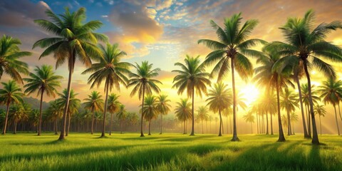 Obraz premium Golden Hour Serenity A Lush Grove of Palm Trees Bathed in Warm Sunset Light, Overlooking a Verdant Meadow