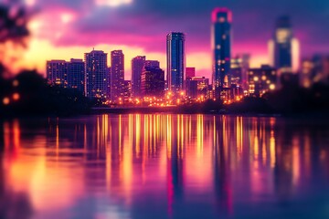 Obraz premium City skyline reflected in calm water at sunset, vibrant colors, bokeh effect.