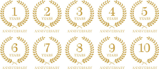 Anniversary label vector illustration. Gold laurel wreath for anniversary celebration one to ten years
