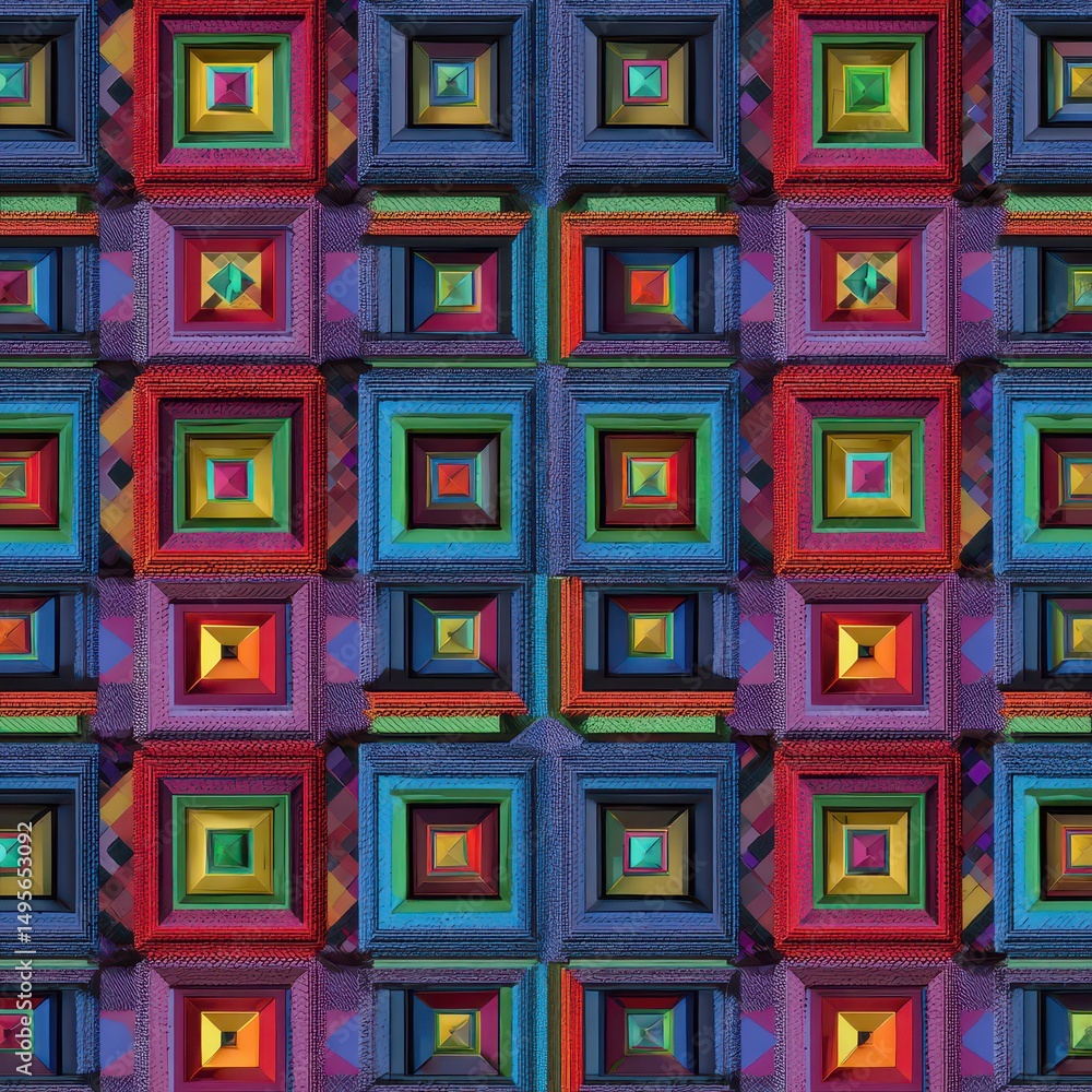 Poster vibrant geometric pattern of colorful squares with intricate designs and textures ideal for backgrou