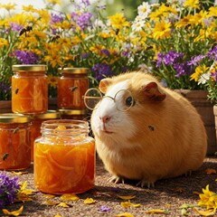 A round guinea pig with glasses leans toward a jar of marmalade while bees buzz between stalls filled with wildflowers and jam.