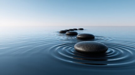 Stones in water create ripples under a clear blue sky.