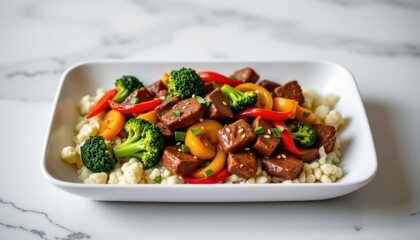 Delicious stir-fried beef and colorful vegetable medley with broccoli carrots peppers served on a white rectangular plate on white marble surface