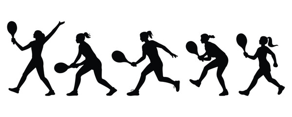 Female pickleball player silhouette, Female pickleball player silhouette bundle, Female pickleball player silhouette isolated on white background