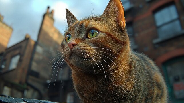 A close-up of a cat with green eyes, against buildings