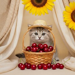 A sweet kitten in a straw hat peers into a basket of cherries beside a sunflower arch and woven fabric canopies.
