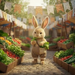 A bashful rabbit in lace-trimmed pants tucks basil into a pouch while soft wind plays with cloth banners above vegetable stalls.