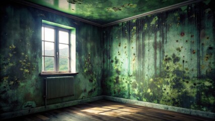 A forgotten room, walls stained with time and decay, a single window offering a glimpse of serene nature beyond the confines of this dilapidated space.
