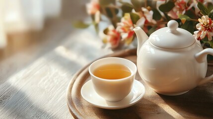 Fototapeta premium A serene scene featuring a teapot and a cup of tea, surrounded by delicate flowers, evoking tranquility and comfort.