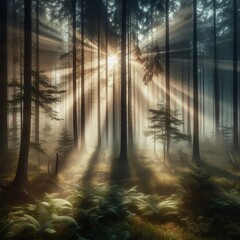 Naklejka premium Mystic forest in misty woodlands