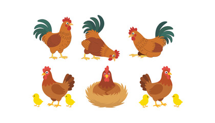 Cartoon Farm Chickens and Roosters with Chicks – Vector Set