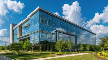 Corporate headquarters building with glass facade