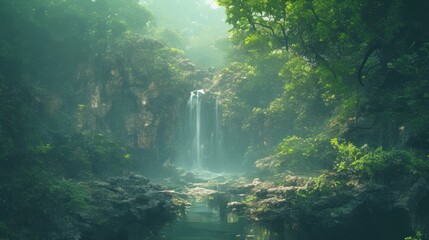 Obraz premium Lush waterfall cascading down misty rocks