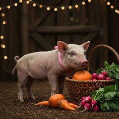 A plump piglet with a ribbon around its neck picks out turnips and radishes from baskets under twinkling garlands and soft shadows.
