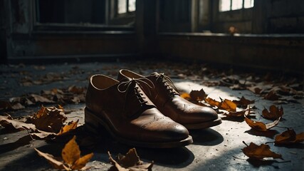Brown leather shoes sit on a floor covered with fallen autumn leaves.